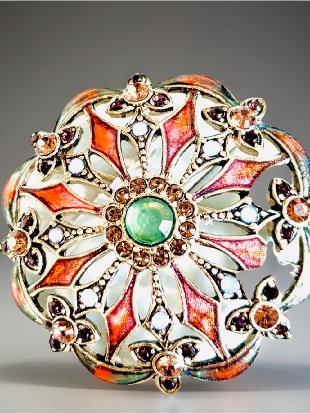 New In Box Vintage Signed MONET Gold Tone Rhinestone Enamel Medallion Brooch